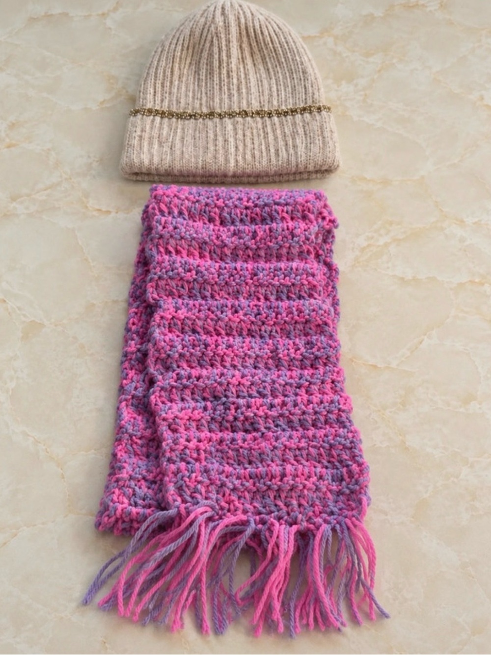Handmade Knit Scarf & Beanie Set Pink Purple Neutral